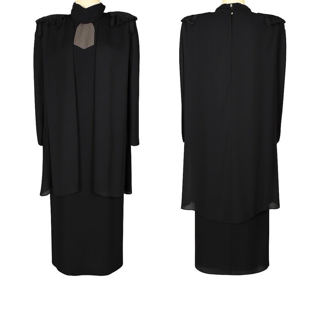 Vintage Black Beaded Cape Overlay Maxi Dress 2 Piece‎ Formal Evening Gown M